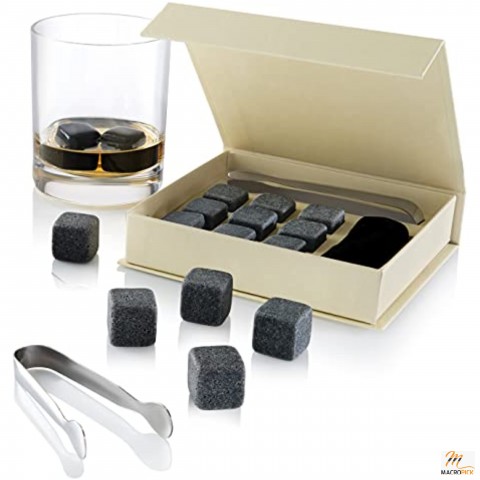 Set of 9 Grey Beverage Chilling Stones [Chill Rocks] Whiskey Stones for Whiskey and other Beverages - in Gift Box with Velvet Carrying Pouch - Made of 100% Pure Soapstone