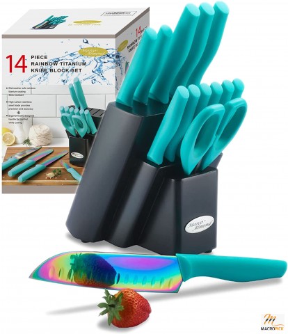 Rainbow Knife Block Set: 14-Piece Stainless Steel Kitchen Knives with Block - Chef Cooking Steak Knives Set