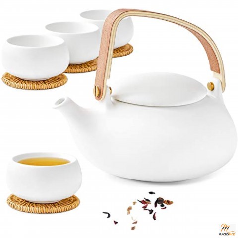 Cobblestone Shape Ceramic Teapot Set, Modern Japanese Tea Pot with Infuser for Loose Tea with Bentwood Handle And 4 Teacups with Rattan Coasters for Women Gift