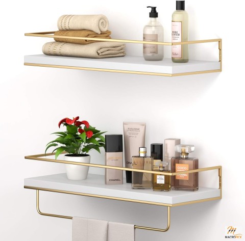 Wall Mounted Bathroom Shelves With Towel Rack - Set of 2 Storage Organizer Floating Shelves