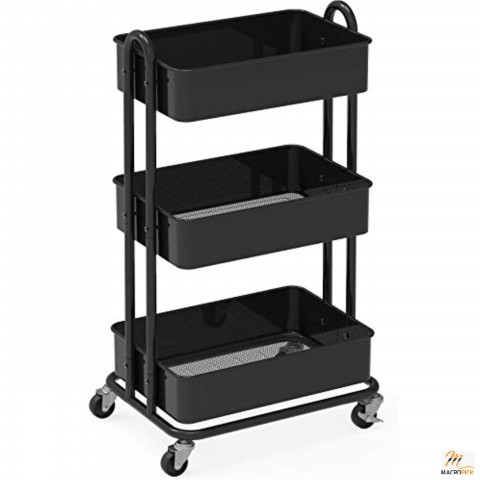 Heavy Duty 3-Tier Metal Utility Rolling Cart, Black