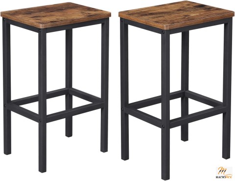 Set of 2 Bar Chairs - Rustic Brown Bar Stools with Footrest