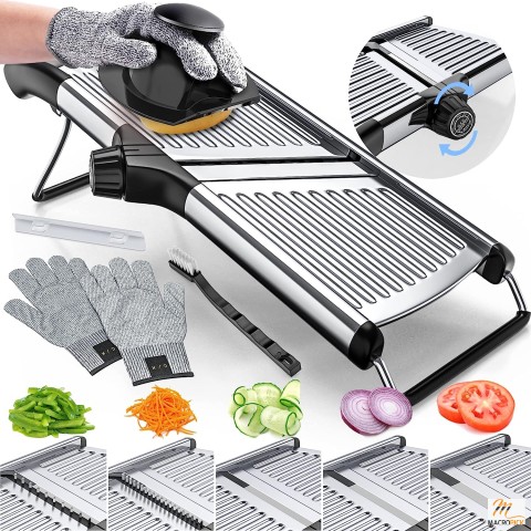 Adjustable Stainless Steel Mandoline Food Slicer - 1 Pair Cut-Resistant Gloves Included