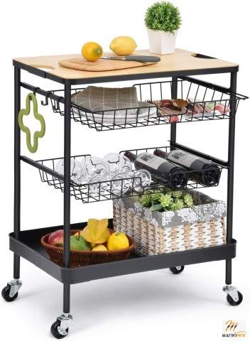 4 Tier Multifunctional Serving Cart - Kitchen Storage Island With Utility Wood Tabletop