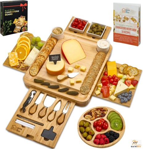 Cheese Board -  With 4 Slotted Magnet Drawers Storage - All In One Board For Social Entertaining - Awesome Gift Idea