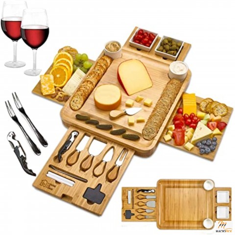 Cheese Board -  With 4 Slotted Magnet Drawers Storage - All In One Board For Social Entertaining - Awesome Gift Idea