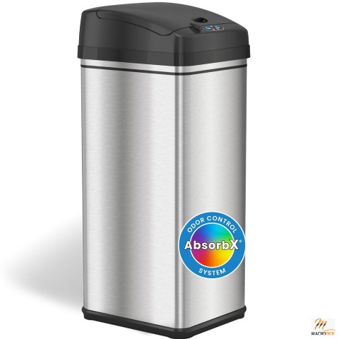 13 Gallon Automatic Trash Can with Odor-Absorbing Filter and Lid Lock