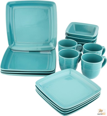 Square Dinnerware Sets | Turquoise Green Kitchen Plates, Bowls, and Mugs | 16 Piece Stoneware Madelyn Collection