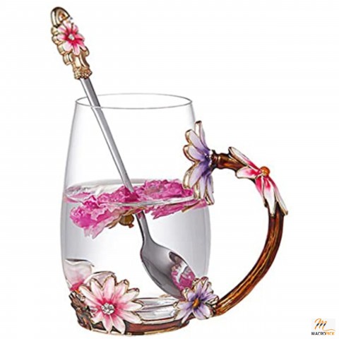 Flower Designed Cup Made of Glass & Metal with Adorable Spoon | Best Birthday,Weding & Mother’s Day Gift for Tea Lovers