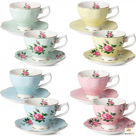 Set of 8 Multicolor Royal Floral Tea Cups with Saucers,Capacity | 08 oz