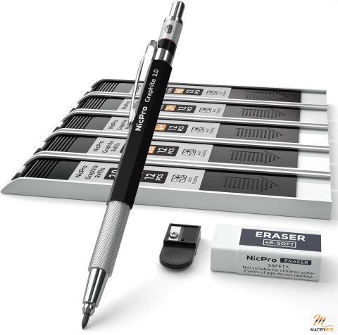 Mechanical Pencil Set For Artists | Full Metal Body For Fatigue Free Drawing & Drafting - HB \ 2H \ 4H \ 2B \ 4B 2.0 mm Pencil Lead