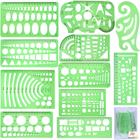 11 Pieces Geometric Drawings Templates - Clear Green Plastic Rulers with 1 Pack Poly Zipper