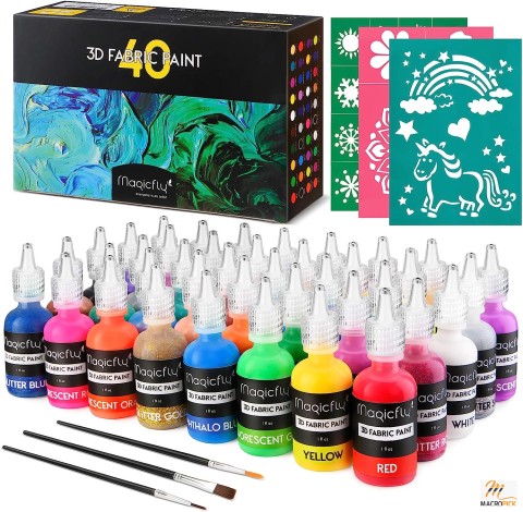 40 Colors 3D Fabric Paint  - With 3 Bonus Brushes & Stencils - Works on Multiple Surfaces -  Ideal for Textile T-Shirts Fabrics Canvas Glass Wood