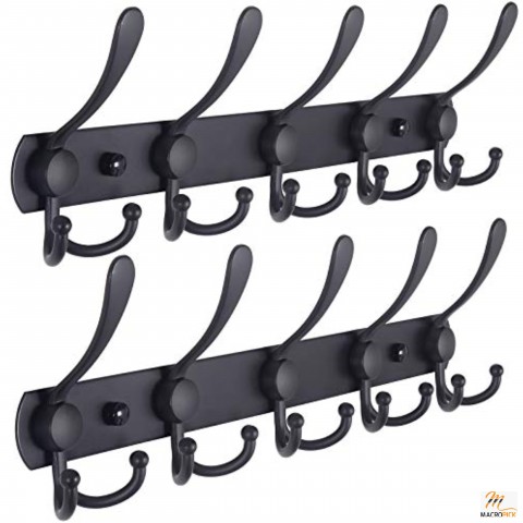 Pack of 2 Coat Rack Wall Mounted 5 Tri Hooks Heavy Duty Stainless Steel Black