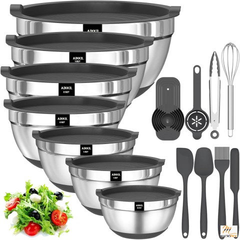 Stainless Steel Mixing Bowls with Airtight Lids - Non-Slip Silicone Bottom - 20 Piece Set