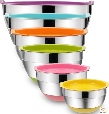 6 piece Stainless Steel Metal Bowls - Marks for measurements and vibrant non-slip bottoms