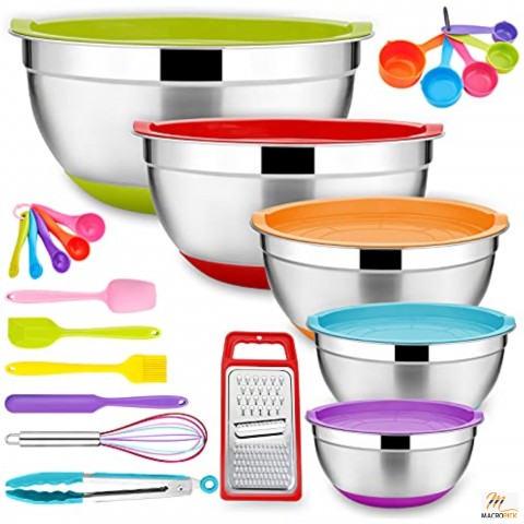 Set of 22-Piece with 5 Stainless Steel Bowls with Colorful Lids & Accessories