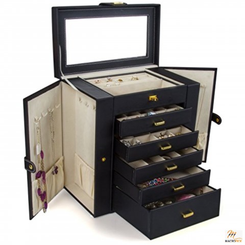 Floor Mount Huge Leather Jewelry Box with 5 Removable Drawer | Massive Storage Capacity