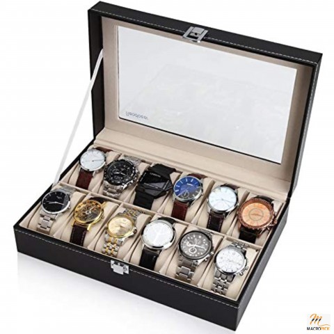 Multifunctional PU Leather Made Watch Storage Box with Transparent Glass Lid & 12 Slots