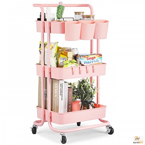 Multipurpose 3-Tier Storage Trolley with Mesh Basket,Handle & Wheels