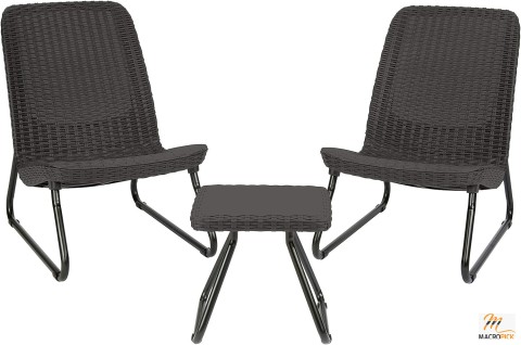 3 Piece Resin Wicker Patio Furniture Set with Side Table and Outdoor Chairs, Dark Grey