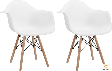 Mid Century Modern Molded Shell Lounge Arm Chairs - Natural Wood Legs - Set of 2, White