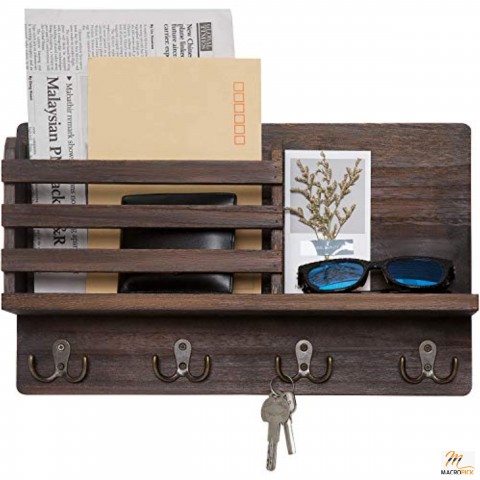 Wooden Key Holder Rack Mail Sorter Organizer with 4 Double Key Hooks for Wall Mounted Mail Holder