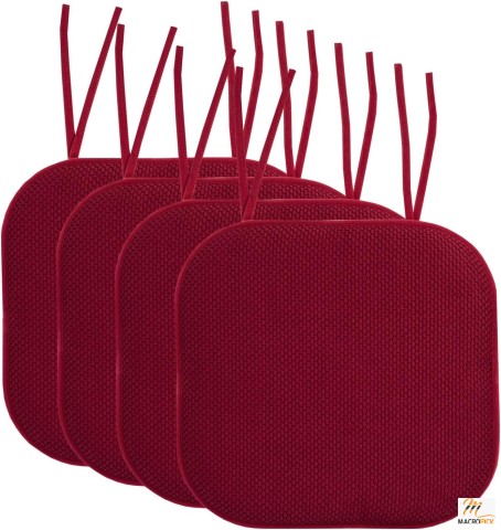 Memory Foam Chair Pads, 16"x16", Set of 4, Honeycomb Pattern, Non-Skid Back, Ties, Wine Burgundy.