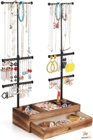 Jewelry Holder with Rustic Wood Drawer/Jewelry Organizer Stand Double Rods & Storage Base