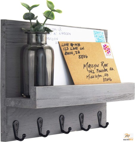 Beautiful Farmhouse Decor Key Hook and Mail Holder for Walls-Stylish Rack with Hangers