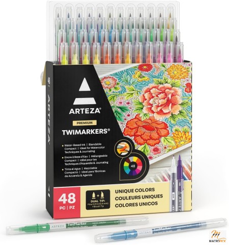 ARTEZA Dual Brush Pens - 48 Vibrant Colors, Fine & Brush Tips, Twimarkers for Art, Calligraphy & Sketching