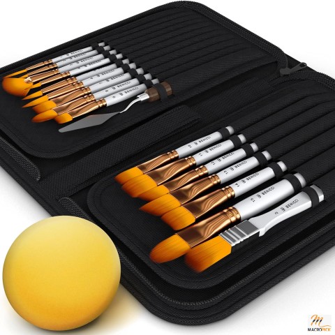 16-Piece Paint Brush Set with Palette Knife & Sponge, Ideal for Watercolor, Oil, Acrylic  - Organizing Case