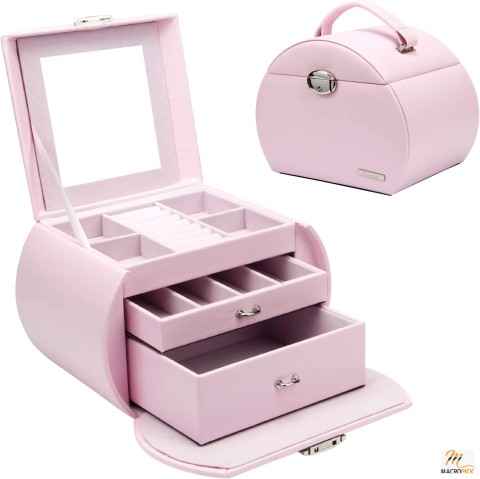 Women & Girls Jewelry Box Pink Storage Case Organizer Faux Leather with Mirror