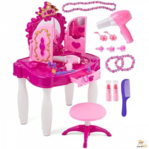 Kids Makeup Table with Mirror and Chair, Princess Play Set, Vanity Table with Makeup Accessories and Light and Musical Sound Effects