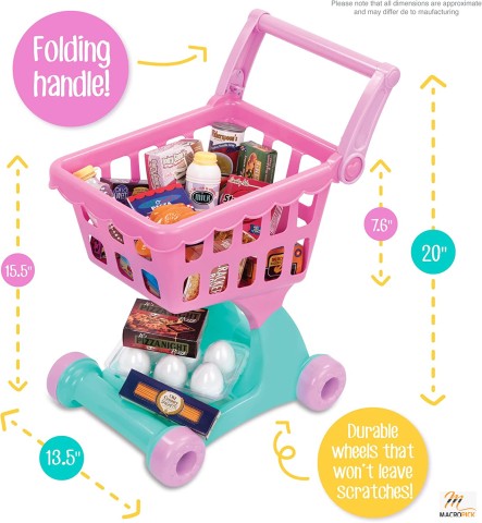 Pink Shopping Day Grocery Cart | Toy Shopping Cart with Pretend Play Food Items