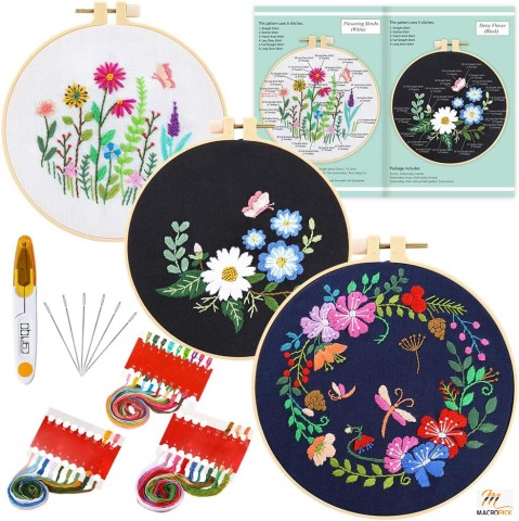 3 Sets Cross Stitch Kits: Beginners, Adults - Floral Pattern Fabric, Embroidery Hoop, Thread, Tools Included