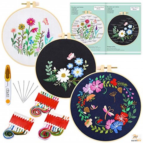 3 Sets Embroidery Starter Kit with Pattern and Instructions