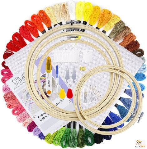 Caydo Embroidery Kit: 5 Hoops, 50 Threads, Aida Cloth, Cross Stitch Tools, Instructions - Ideal for Adult Beginners with Packing Bag