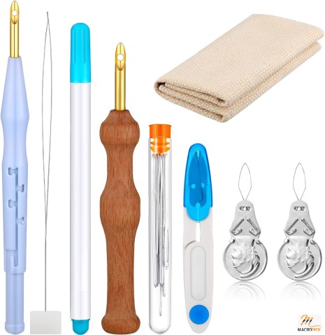 Adjustable Rug Punch Needle Kit - 17 Pieces: Wooden Handle, Threader, Cloth, Ideal for Embroidery, Cross Stitch, Beginner Craft