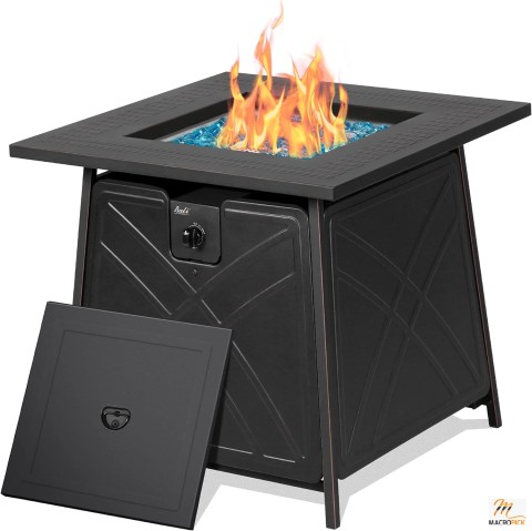 28" Propane Fire Pit Table - 50,000 BTU, Auto-Ignition, CSA Approved, Strong Steel Tabletop, Square Design (Black)