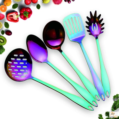 5-Piece Rainbow Stainless Steel Utensil Set - Nonstick Colorful Titanium Plated Kitchen Tools & Gadgets