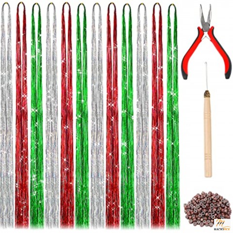 47 Inches Hair Extension Tinsel with Tool 2400 Strands 3 Colors Hair Extension Tinsel Kit Glitter Hair Extensions