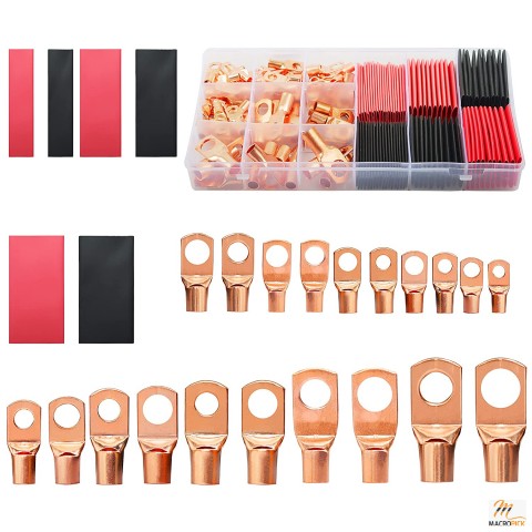 150Pcs Copper Wire Terminal Connectors - Ring Terminal Connectors Kit - 70pcs Battery Cable Lugs with 80pcs Heat Shrink Tubing