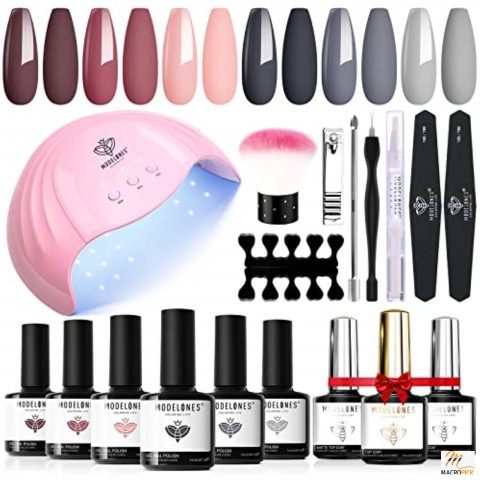 Gel Nail Polish Kit With 48W U V Light, 6 Colors Soak Off Nail Gel Starter Kit With 3 Timers Led Nail Lamp