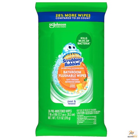 Scrubbing Bubbles Antibacterial Flushable Wipes: Citrus Action, 36 Wipes, Resealable Pack for Convenient Bathroom Cleaning