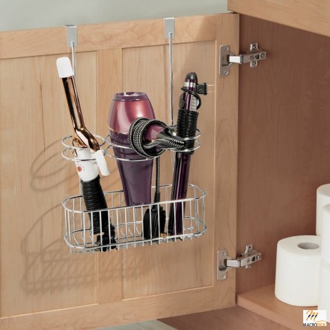 Steel Over Cabinet Door Hair Care, Hot Styling Tool Organizer Storage Basket- 3 Sections