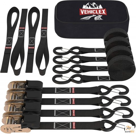 Ratchet Tie Down Straps - 4 Pk Black Motorcycle & Powersports Tie-Downs & Soft Loops, Vinyl Coated Full Bent Closed S-Hook & Rubber Handle