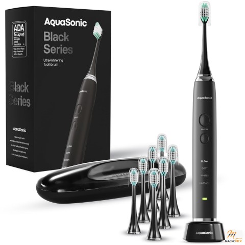 Aquasonic Black Series Ultra Whitening Toothbrush: ADA Accepted Power Toothbrush with 8 Brush Heads & Travel Case, 40,000 VPM Electric Motor, Wireless Charging, 4 Modes, Smart Timer.