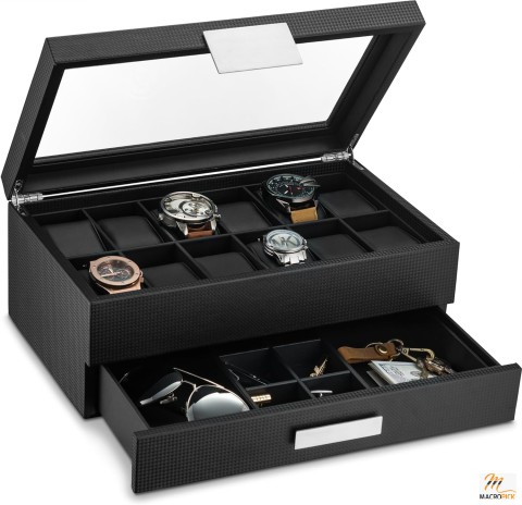 Glenor Co Men's Watch Box: 12-Slot Organizer, Carbon Fiber Design, Valet Drawer, Metal Buckle, Large Glass Top Display