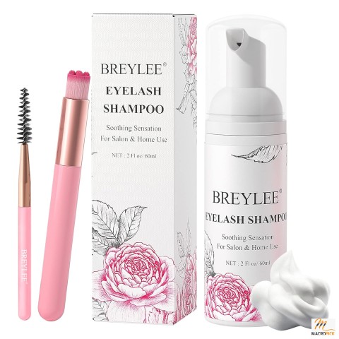 BREYLEE Eyelash Extension Cleanser: Paraben & Sulfate-Free Shampoo with Foam, Brushes - Ideal for Salon and Home Makeup Removal.